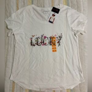 Lucky Brand White Short-Sleeve Tee with Multicolor Floral 'LUCKY' Logo